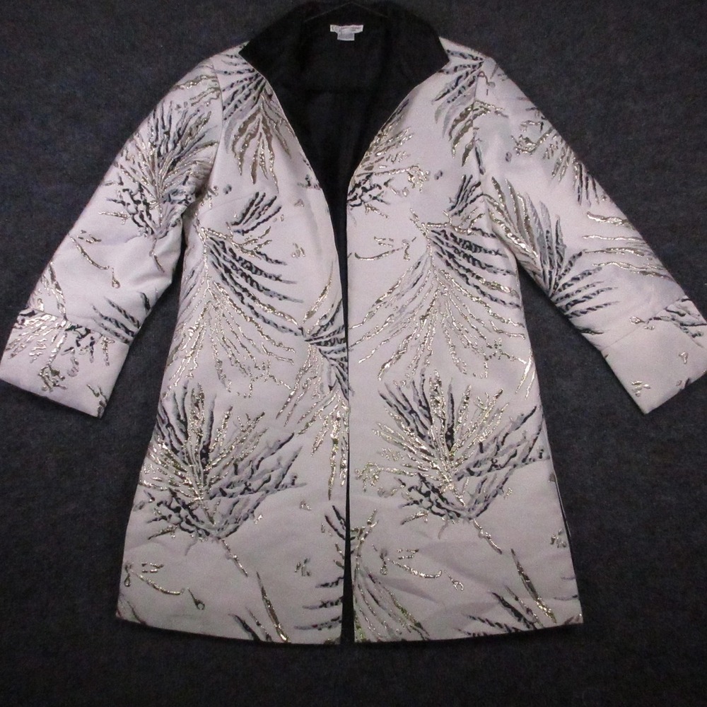 Grace Chuang Coat Womens Small White Satin Embroidered Floral 3/4 Sleeve Formal
